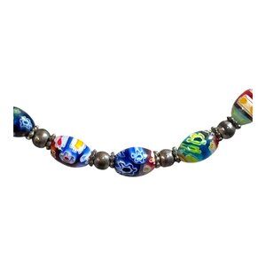 Vintage Millefiori Glass Bead Necklace Floral  15" Multi Color Collar Choker